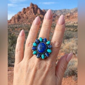 Silver turquoise lapis large round ring sz 7.5